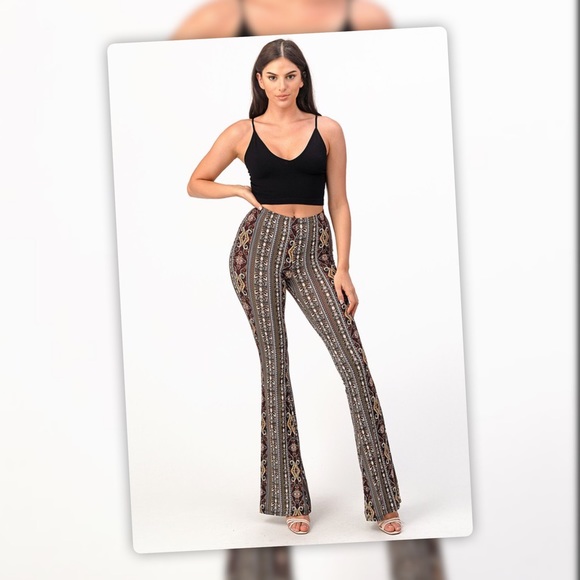 Tik Tok Famous Brown Multi Tribal Print Bell Bottom Flare Stretch Pants - Picture 9 of 12